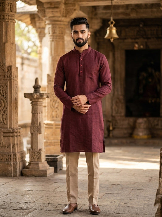 Southloom Brown Woven Patterns Semi Silk Short Kurta for Men