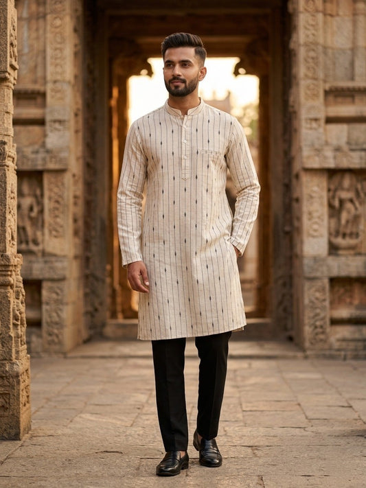 Southloom White Woven Patterns Semi Silk Short Kurta for Men