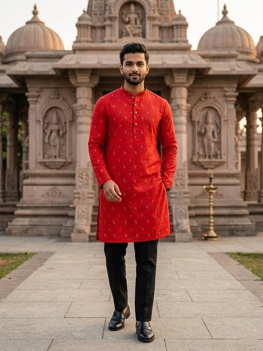 Southloom Red Woven Patterns Semi Silk Short Kurta for Men