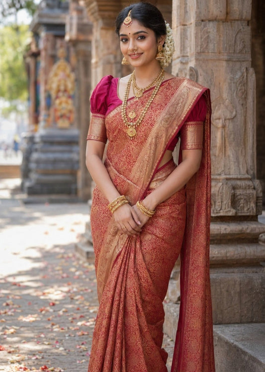 Southloom Pure Handloom Bridal Kanchipuram Silk Saree with Korvai Work