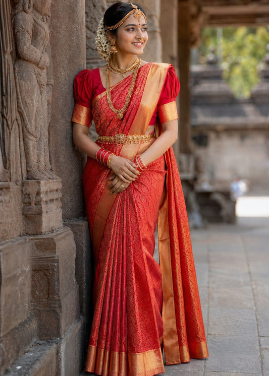 Southloom Pure Handloom Bridal Kanchipuram Silk Saree with Korvai Work (Red)