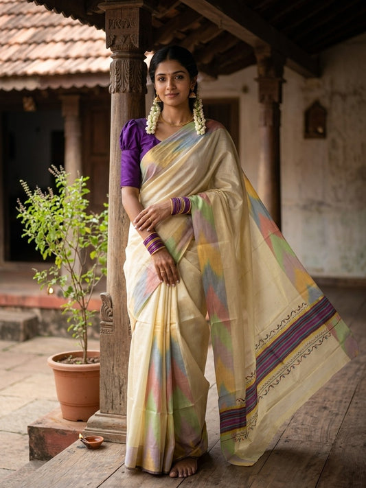 Southloom Kerala Tissue Kasavu Saree with Multi Colour Pochampally Design on Borders and Kara