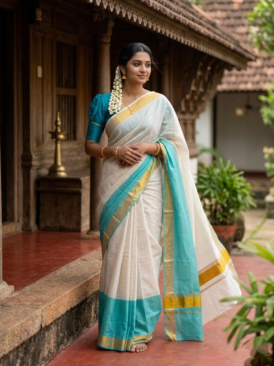 Southloom Cotton Tie & Dye - Half & Half Turquoise Design Saree with Kasavu Checks Across Body
