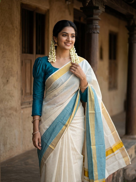 Southloom Cotton Tie & Dye - Half & Half Blue Design Saree with Kasavu Checks Across Body
