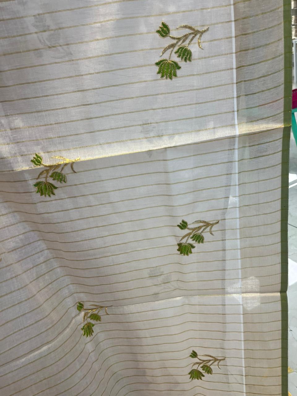 Kerala Tissue Saree With Olive Green Floral Embroidery Design SL249
