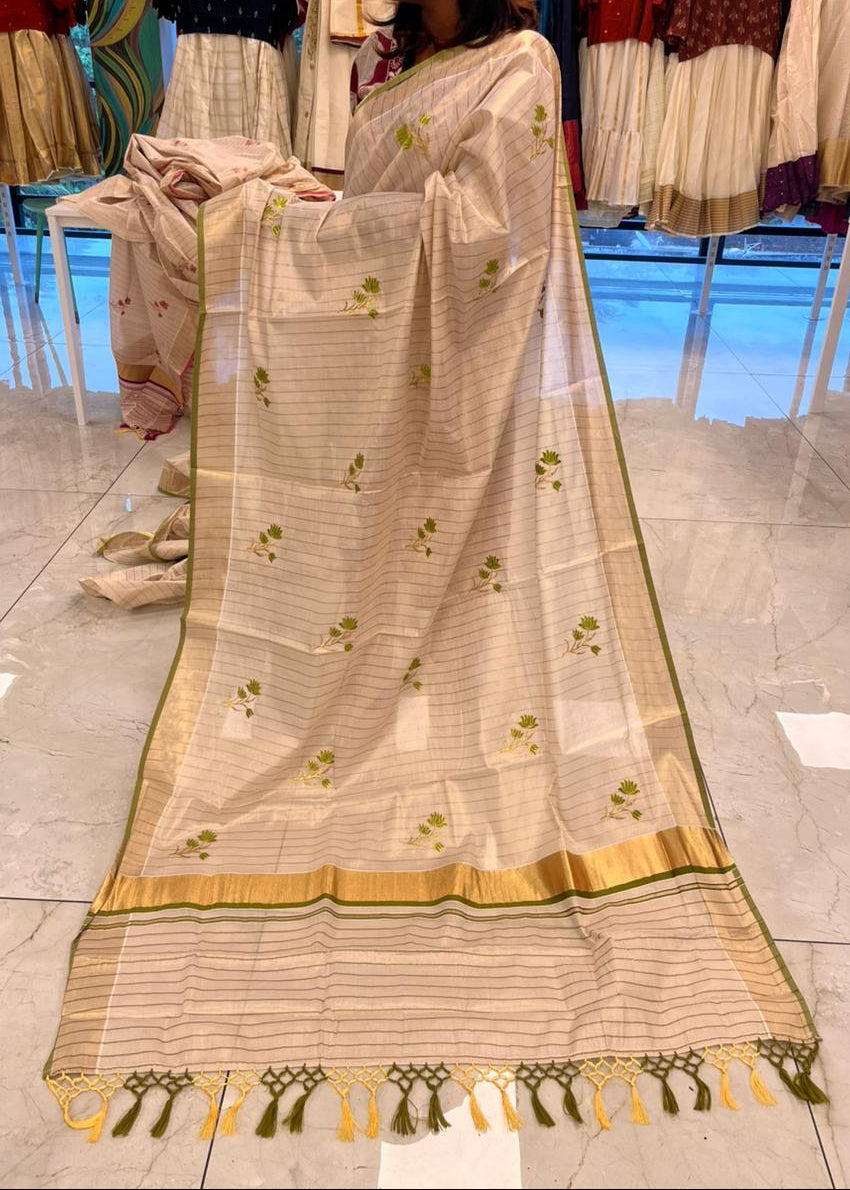 Kerala Tissue Saree With Olive Green Floral Embroidery Design SL249