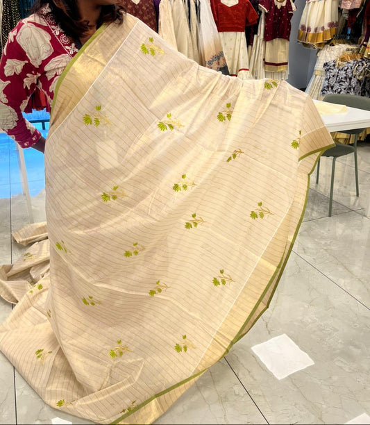 Kerala Tissue Saree With Olive Green Floral Embroidery Design SL249