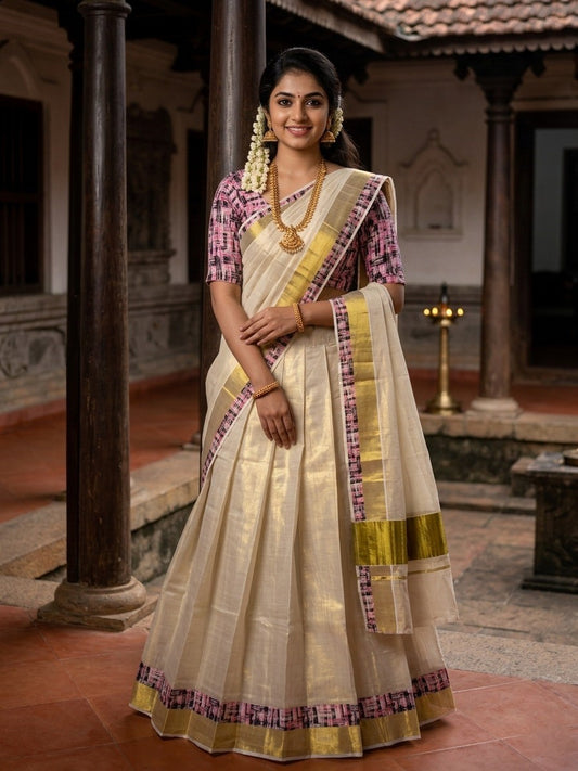 Southloom Semi Stitched Tissue Dhavani Set with Pavada and Ajrakh Blouse Piece
