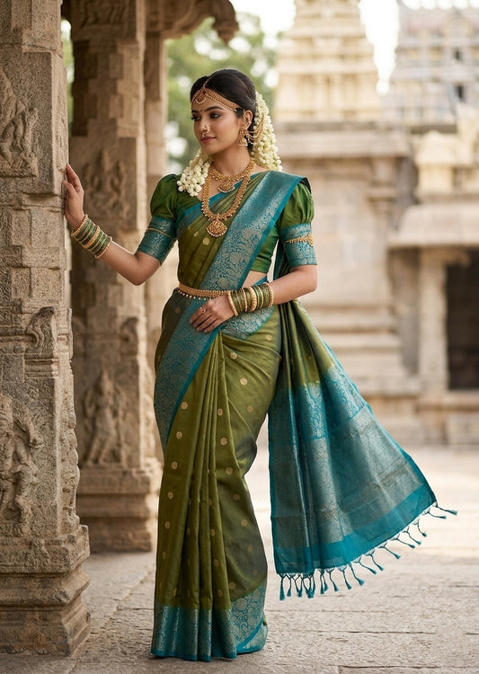 Southloom Pure Handloom Bridal Kanchipuram Silk Saree with Korvai Work (Blue & Green)