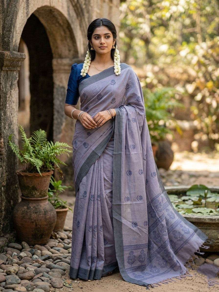 Southloom Kerala Cotton Saree with Floral Woven Works Across Body in Grey
