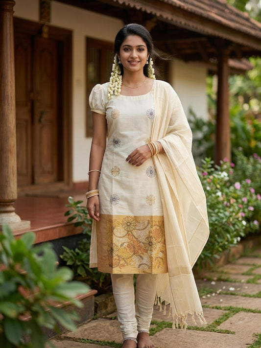 Southloom™ Cotton Churidar Salwar Suit Material with Black Embroidery Work (include Lines Shawl / Dupatta)