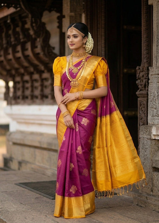 Southloom Pure Handloom Kanchipuram Silk Saree with Butta Work (Yellow & Purple)