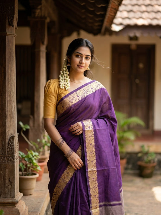 Southloom Kerala Cotton Saree with Floral Woven Works Across Body in Violet