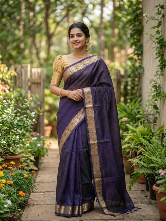 Southloom Kerala Cotton Saree with Floral Woven Works Across Body in Violet
