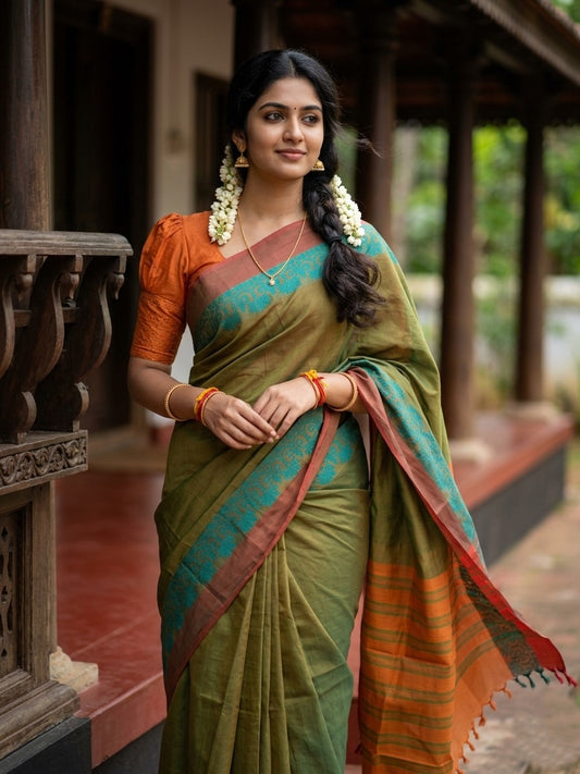 Southloom Kerala Cotton Saree with Floral Woven Works Across Body in Green