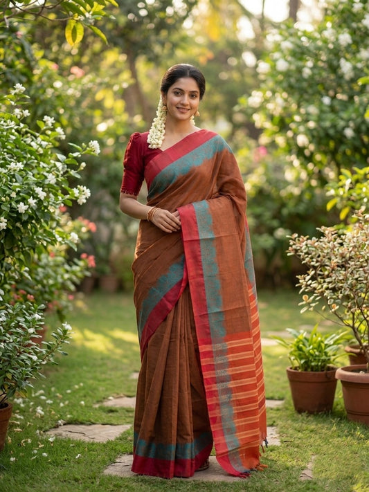 Southloom Kerala Cotton Saree with Floral Woven Works Across Body in Brown