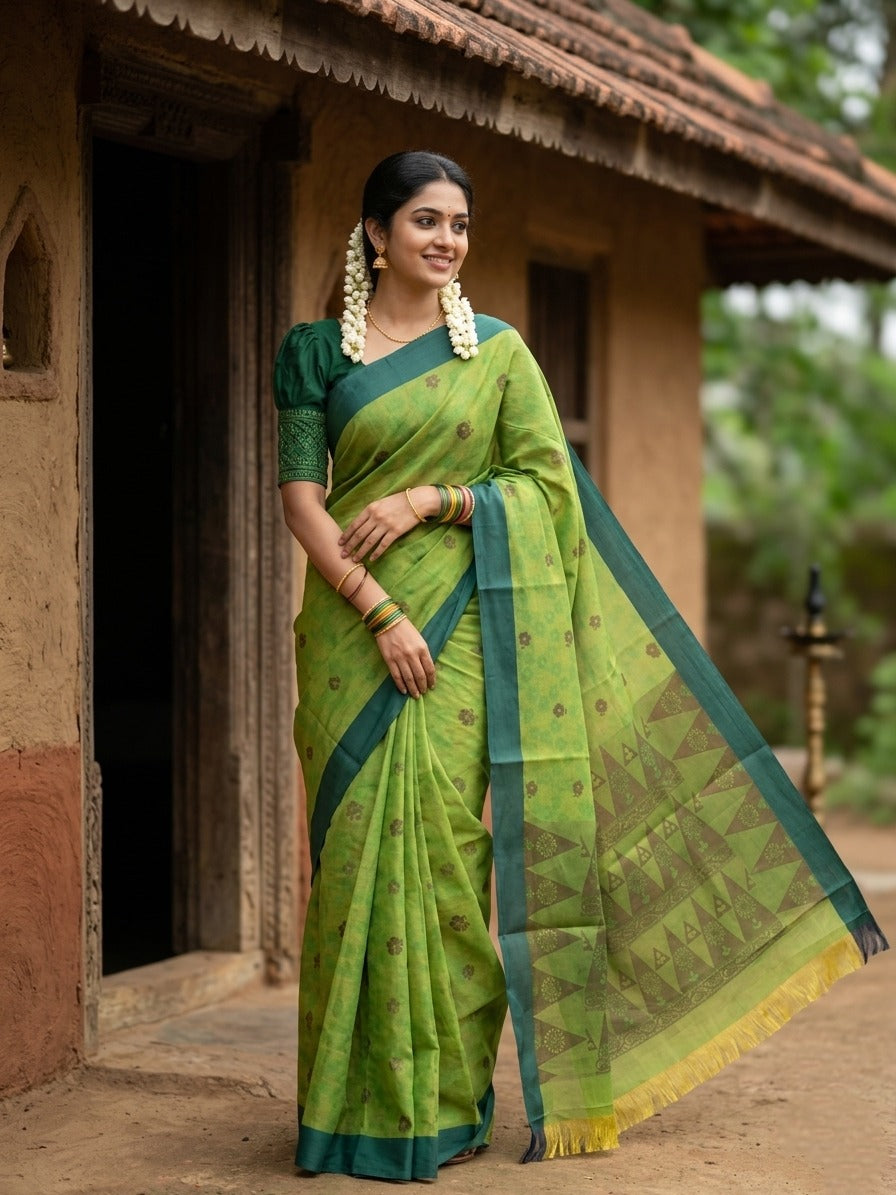 Southloom Kerala Cotton Saree with Floral Woven Works Across Body in Green