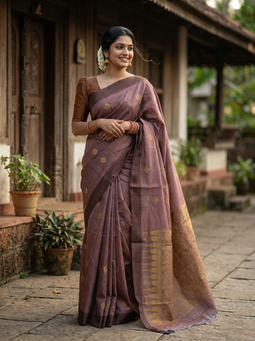 Southloom Kerala Cotton Saree with Floral Woven Works Across Body in Brown
