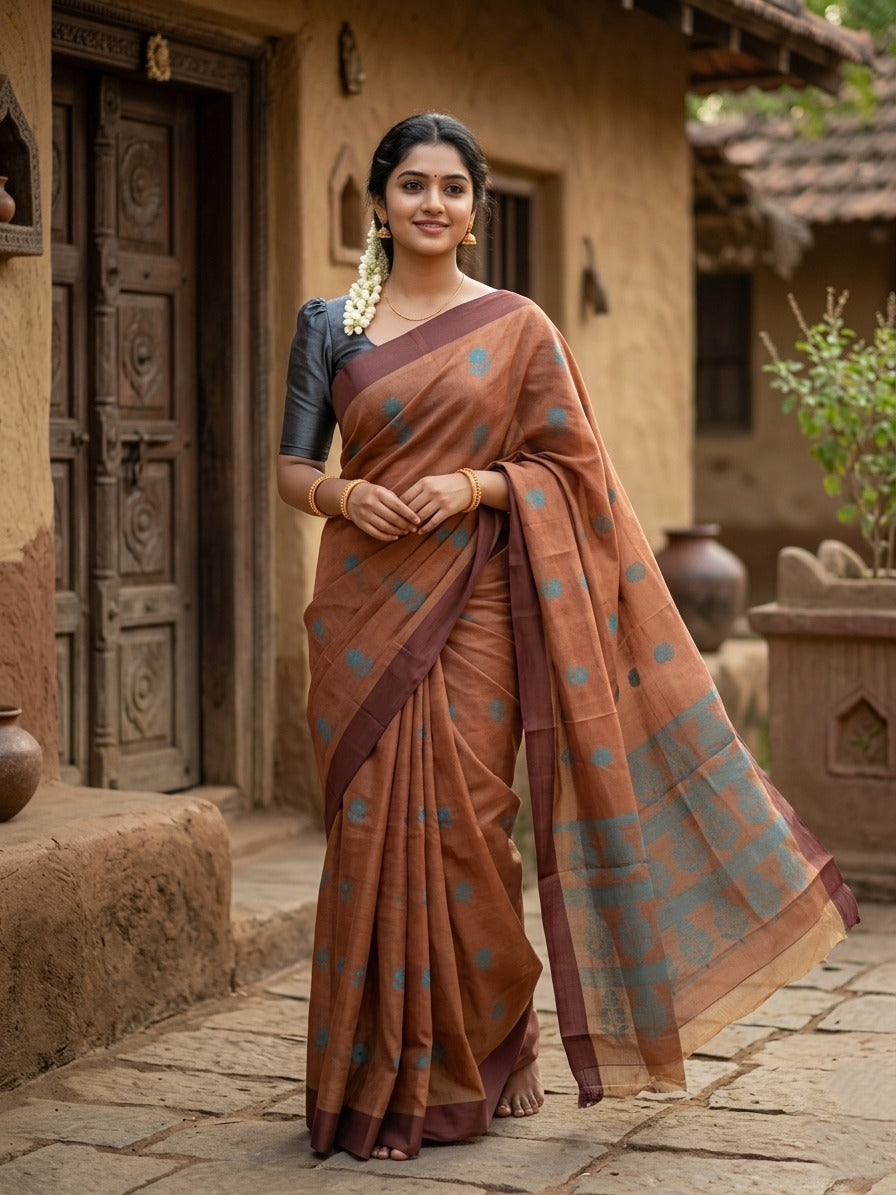 Southloom Kerala Cotton Saree with Floral Woven Works Across Body in Brown