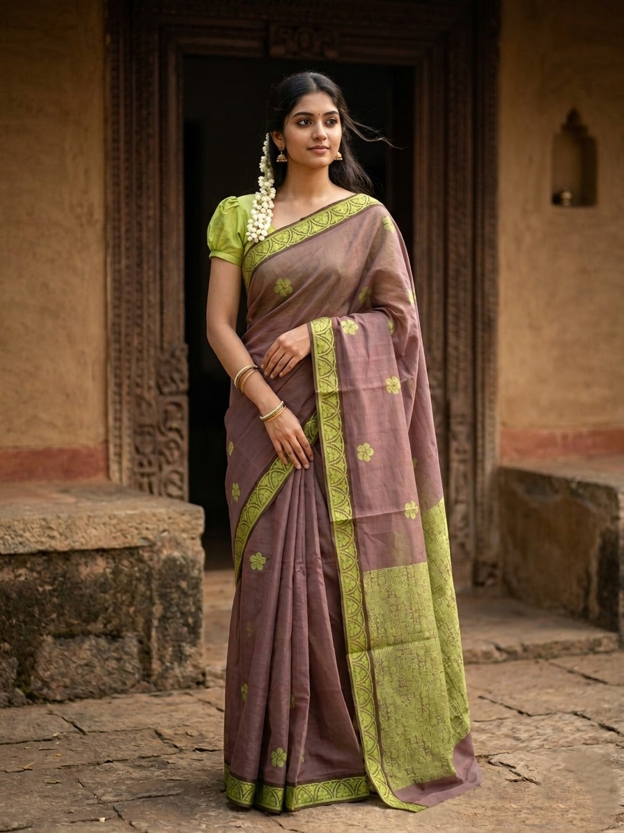 Southloom Kerala Cotton Saree with Floral Woven Works Across Body in Brown