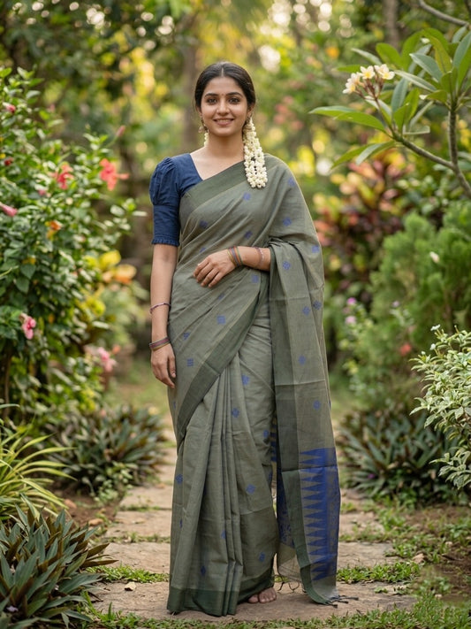 Southloom Kerala Cotton Saree with Floral Woven Works Across Body in Gray