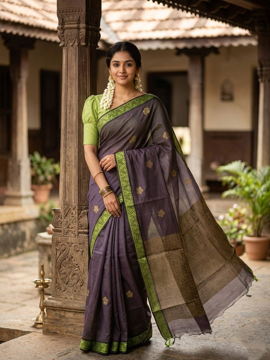 Southloom Kerala Cotton Saree with Floral Woven Works Across Body in Gray