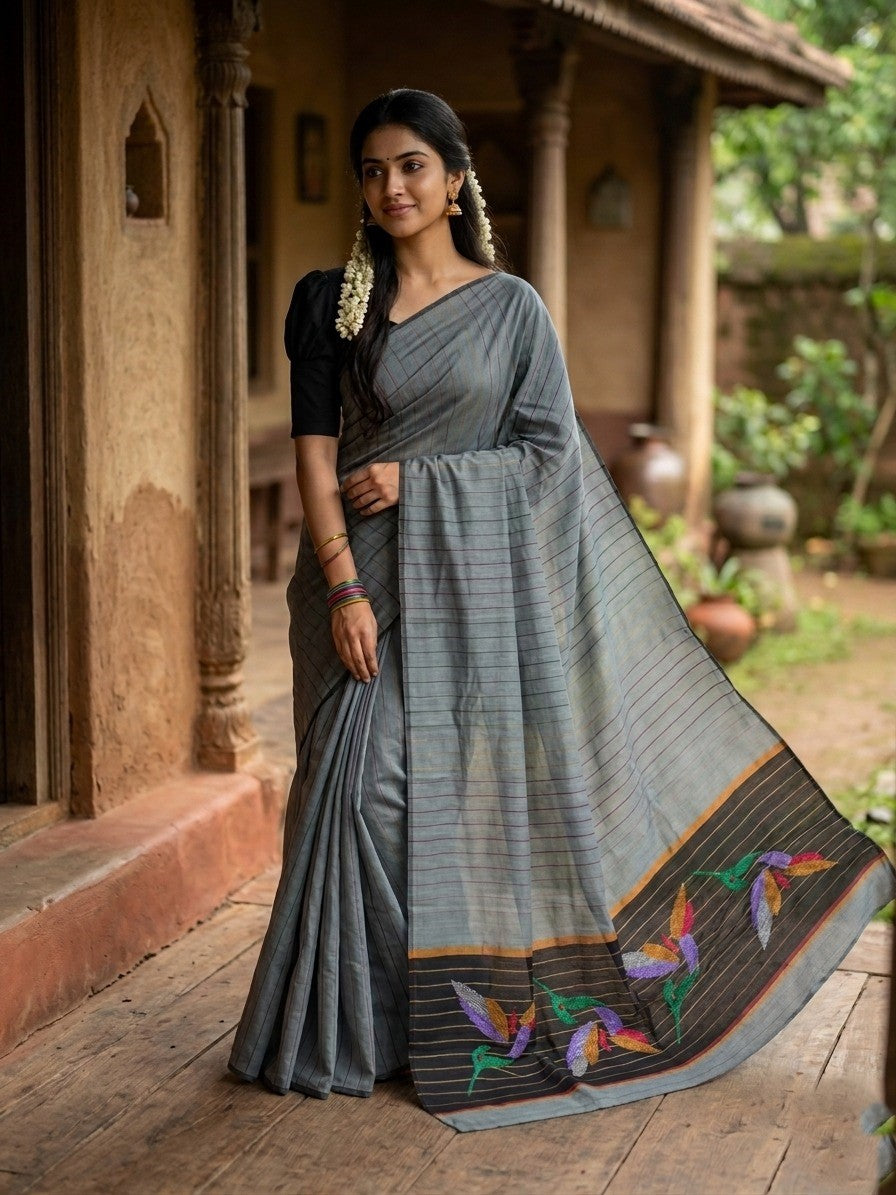 Southloom Kerala Cotton Saree with Lines on Body in Grey