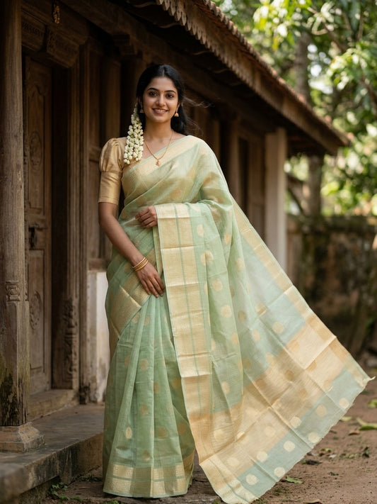 Southloom Tissue Silk Saree with Woven Work on Body and Borders Green