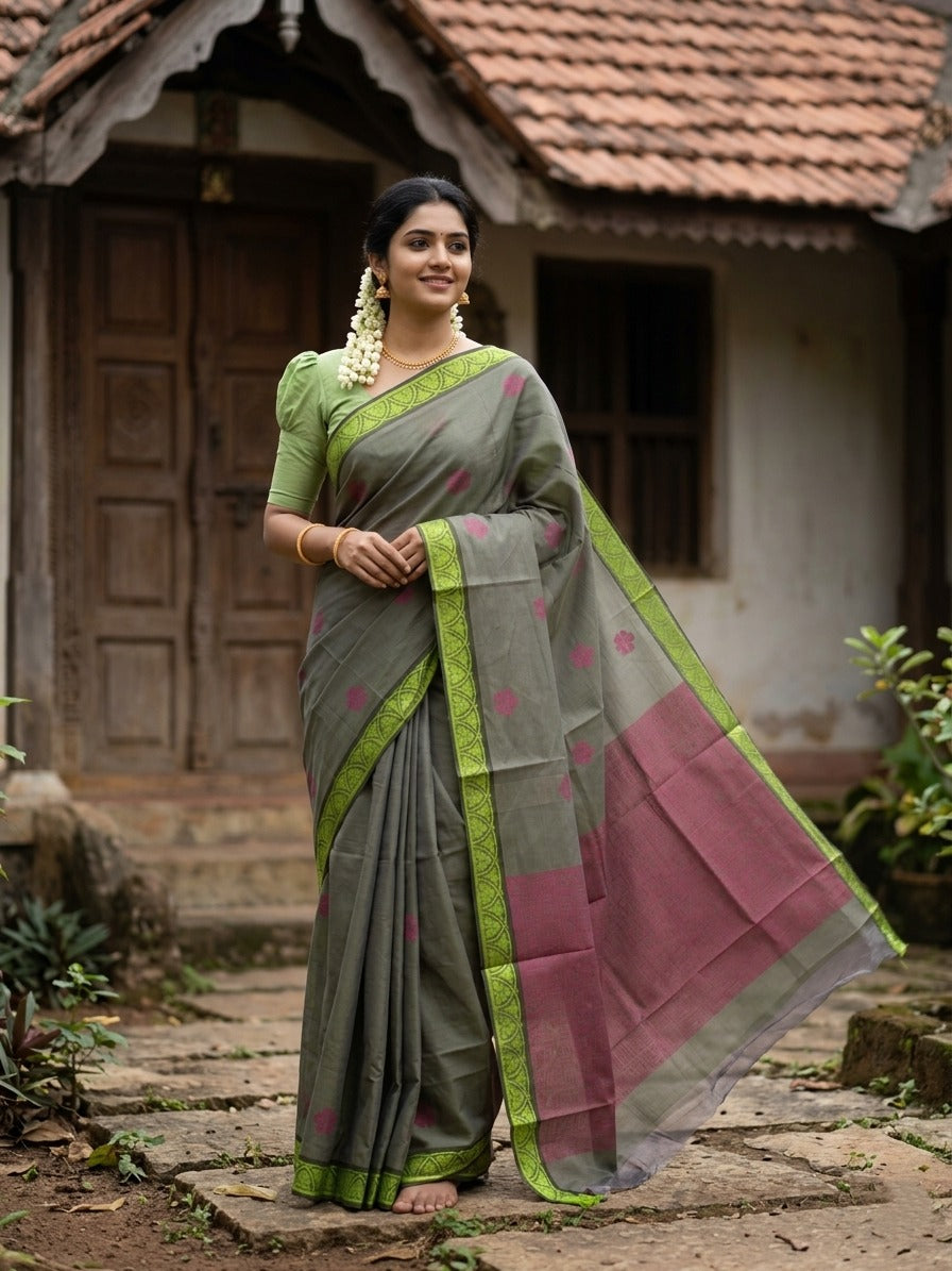 Southloom Kerala Cotton Saree with Floral Woven Works Across Body in Green