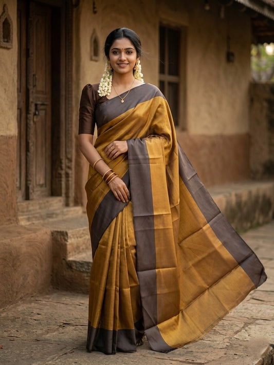 Southloom Special Semi Silk Saree with Golden Body and Brown Border