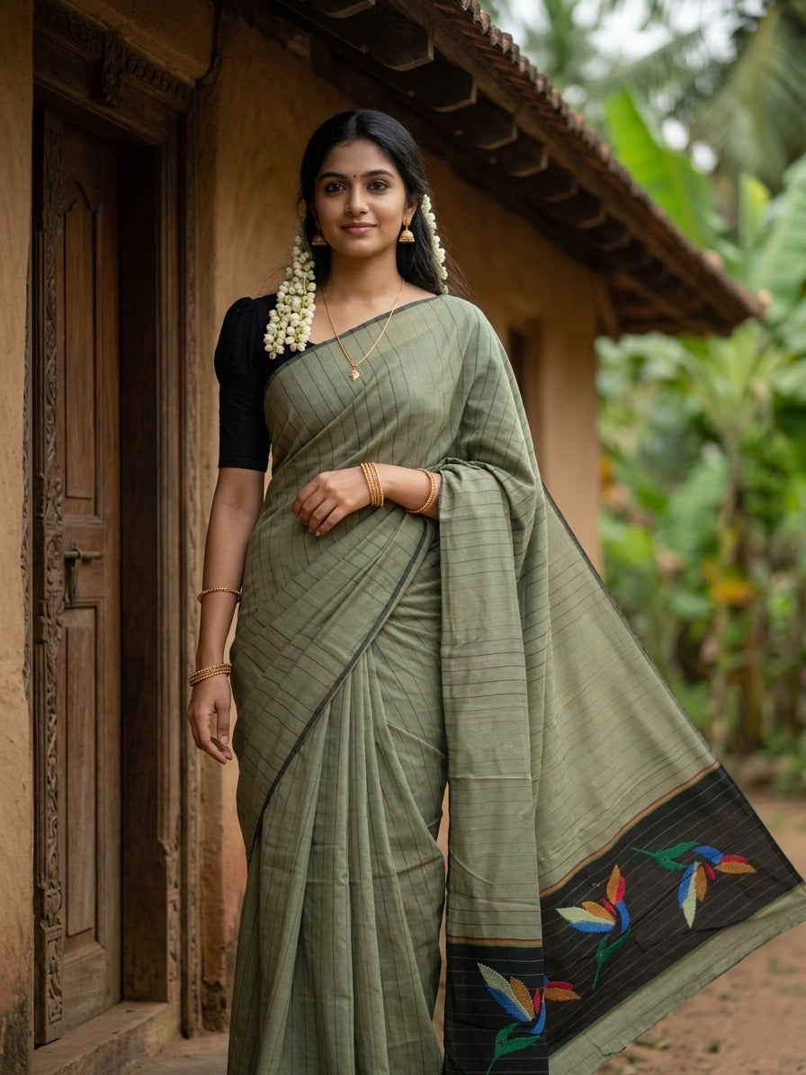 Southloom Kerala Cotton Saree with Lines on Body in Green