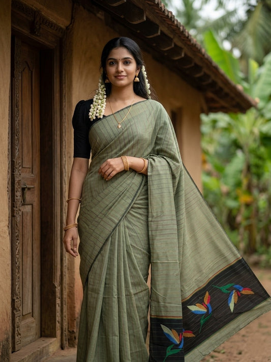 Southloom Kerala Cotton Saree with Lines on Body in Green