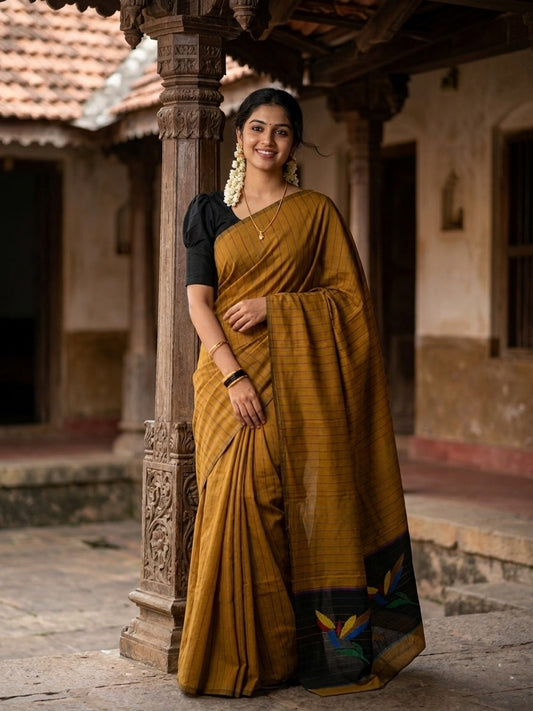 Southloom Kerala Cotton Saree with Lines on Body in Yellow