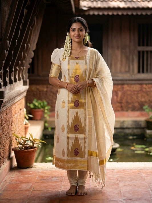 Southloom™ Cotton Churidar Salwar Suit Material with Gold and Maroon Woven Work (include Lines Shawl / Dupatta)