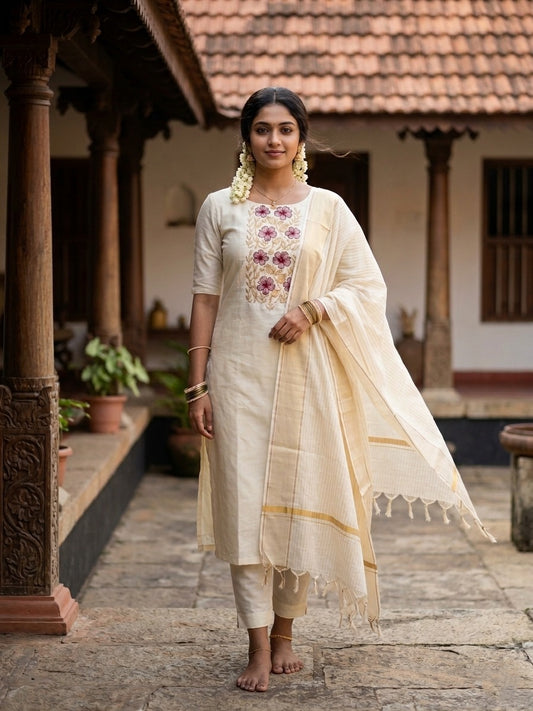 Southloom™ Cotton Churidar Salwar Suit Material with  Maroon Embroidery Work (include Lines Shawl / Dupatta)