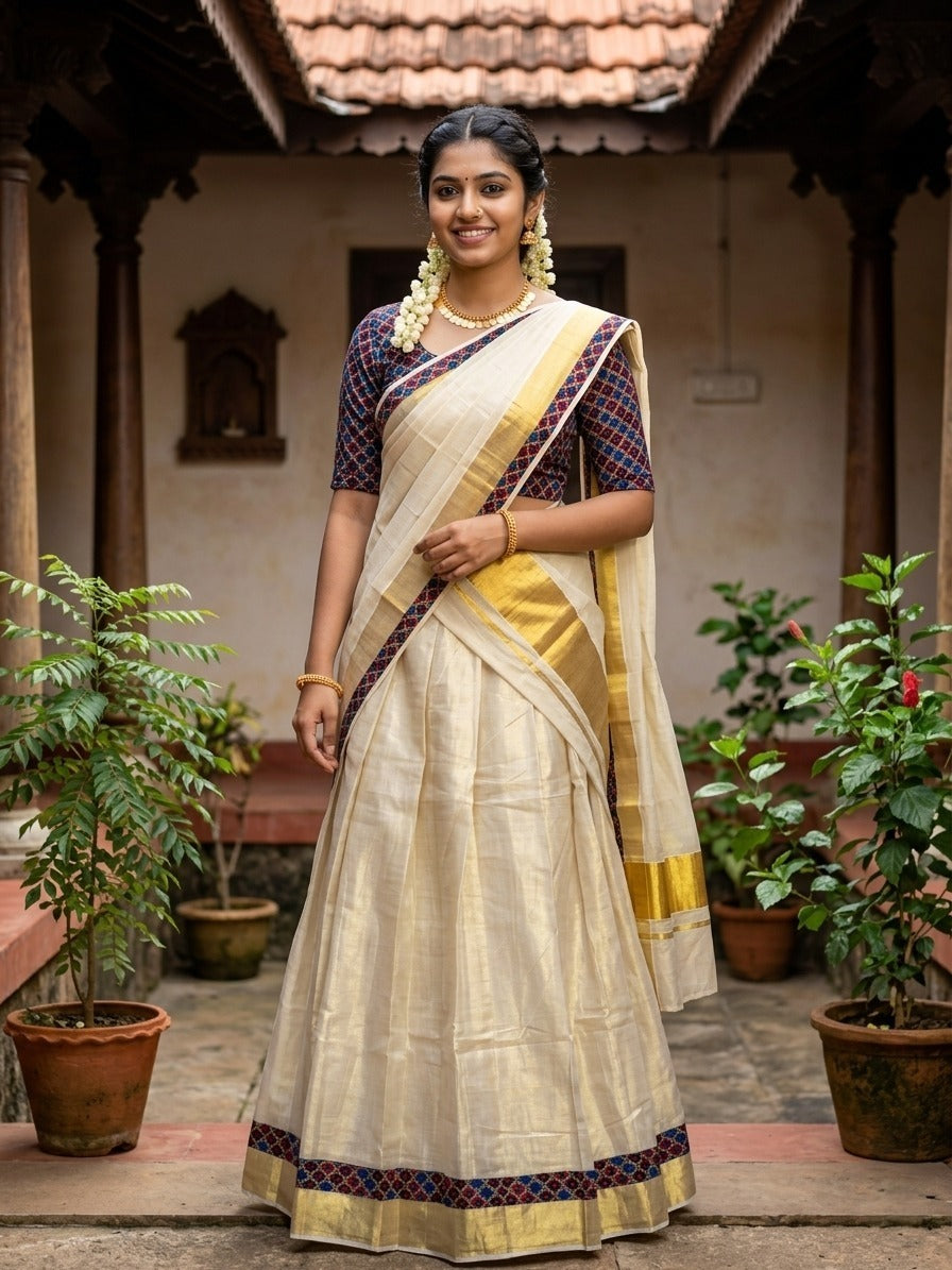 Southloom Semi Stitched Tissue Dhavani Set with Pavada and Ajrakh Blouse Piece