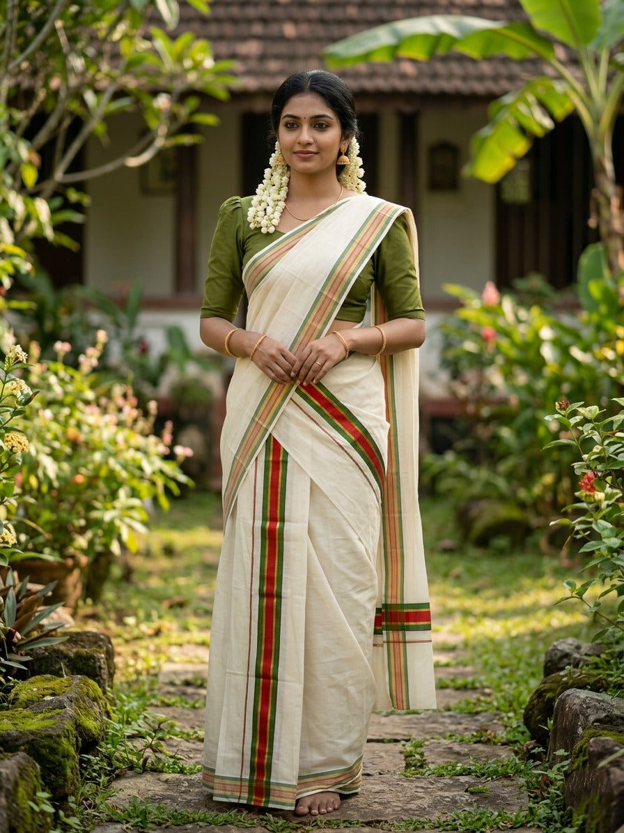 Kerala Cotton Single Set Mundu (Mundum Neriyathum) with Green and Orange Kasavu Border in 2.80 Mtrs