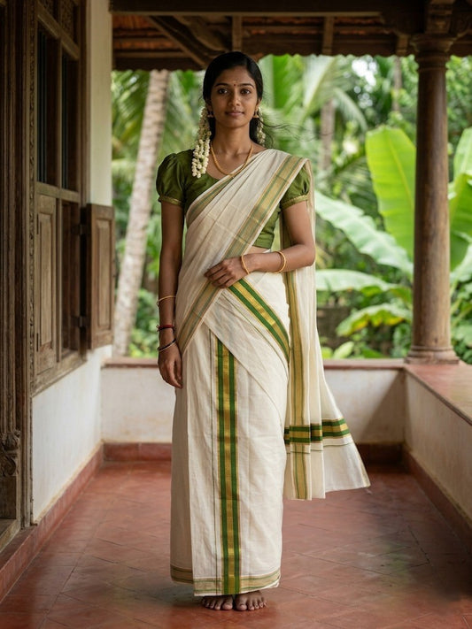 Kerala Cotton Kasavu  Set Mundu (Mundum Neriyathum) with Green Border in 2.80 Mtrs