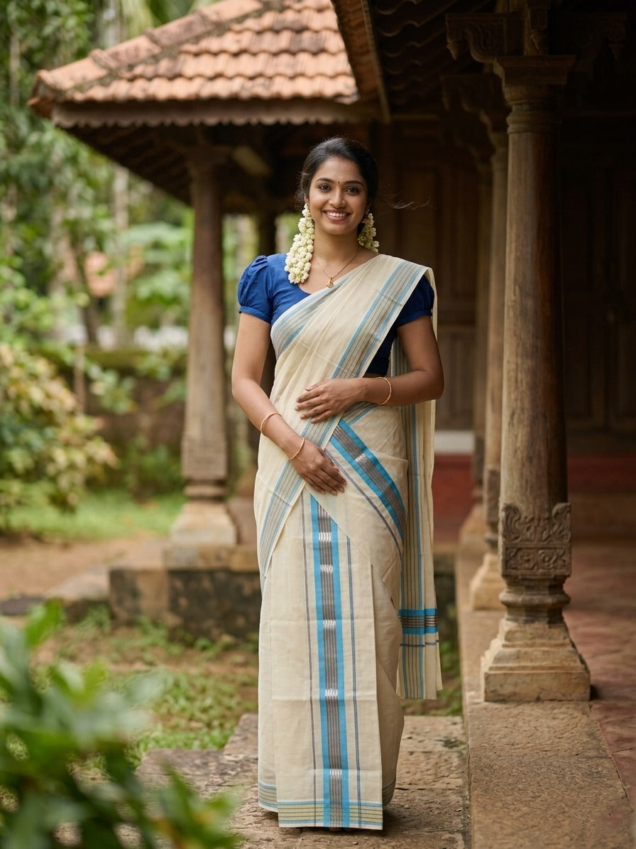 Kerala Cotton Kasavu  Set Mundu (Mundum Neriyathum) with Black and Gold Lines Blue Border(2.80) in 2.80 Mtrs