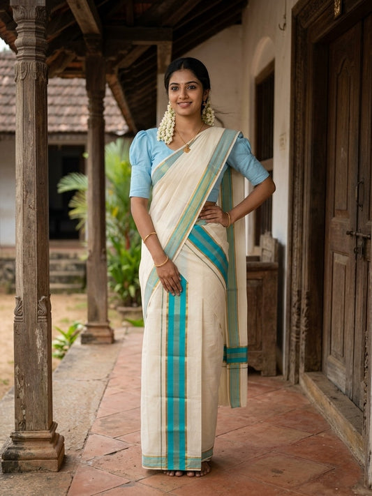 Kerala Cotton Single Set Mundu (Mundum Neriyathum) with Blue Kasavu Border in 2.80 Mtrs
