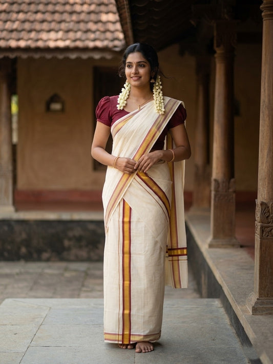 Kerala Cotton Set Mundu (Mundum Neriyathum) with Kasavu and Maroon Border 2.80 Mtrs