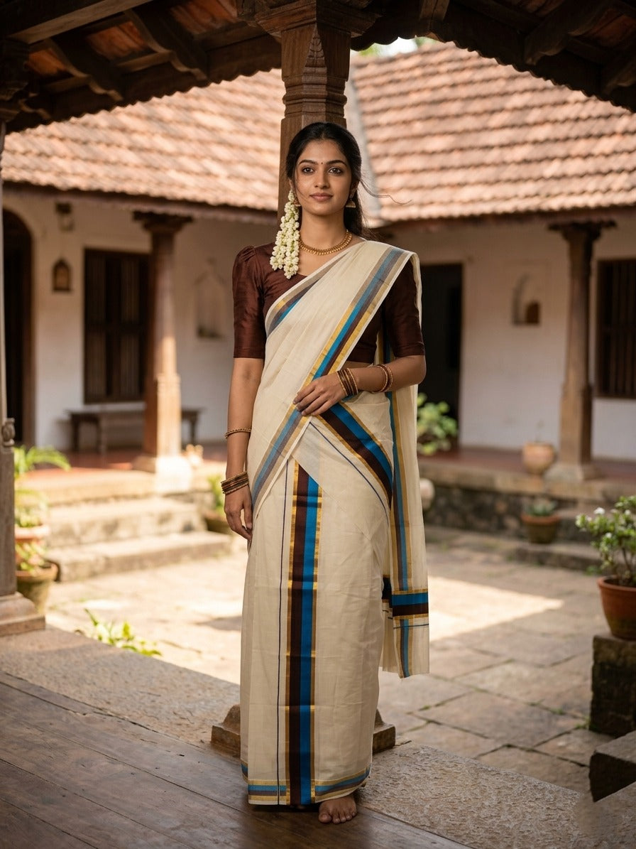 Kerala Cotton Kasavu Set Mundu (Mundum Neriyathum) with Blue and Brown Border 2.80 Mtrs