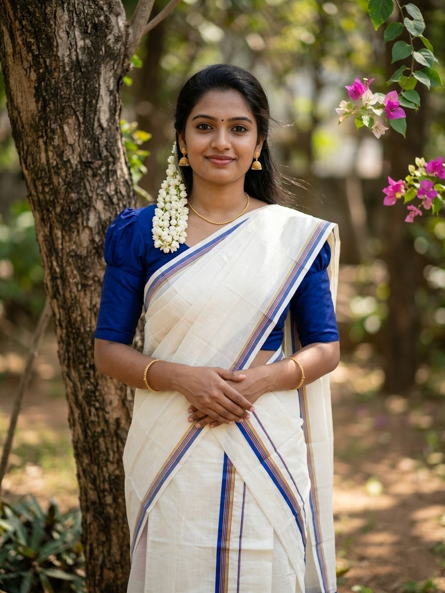 Pure Cotton Kerala Single Set Mundu (Mundum Neriyathum) with Blue Kasavu Border in 2.80 Mtrs