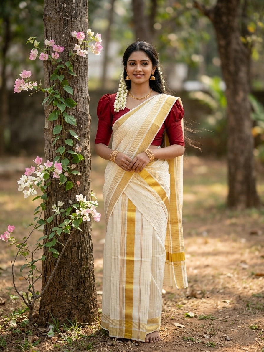 Pure Cotton Kerala Set Mundu with Kasavu Lines on Body (Handloom Quality Kasavu Used - 2.80 Mtrs)
