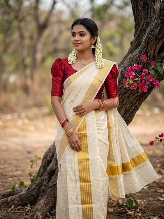 Pure Cotton Kerala Set Mundu with Kasavu Checkes on Body (Handloom Quality Kasavu Used - 2.80 Mtrs) SL349