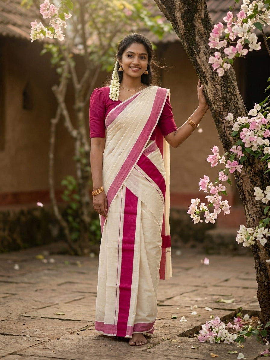 Kerala Cotton Mundum Neriyathum Single (Set Mundu) with Pink Border 2.80 Mtrs