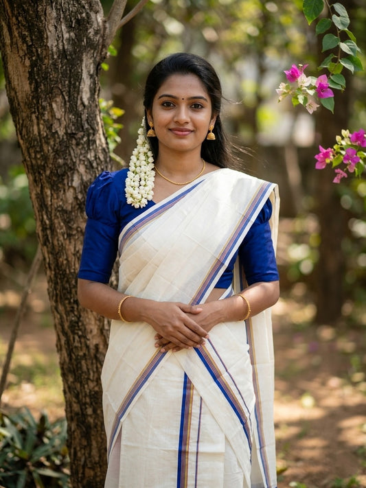 Pure Cotton Kerala Single Set Mundu (Mundum Neriyathum) with Blue Kasavu Border in 2.80 Mtrs