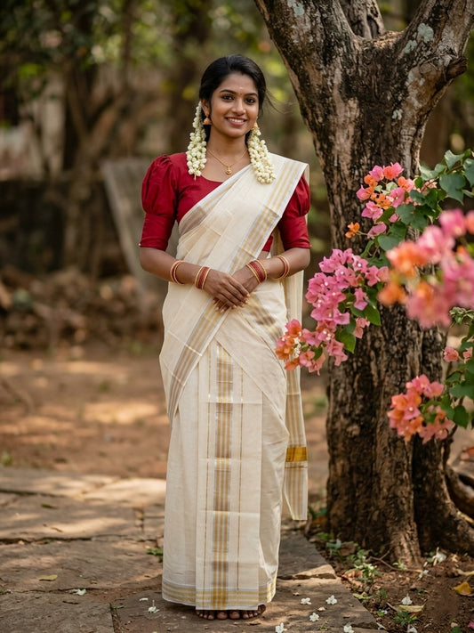 Pure Cotton Mundum Neriyathum (Set Mundu) with Silver and Kasavu Border in 2.80 Mtrs