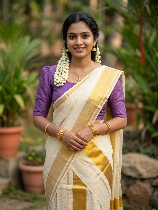 Pure Cotton Kerala Set Mundu with Kasavu Checks on Body (Handloom Quality Kasavu Used - 2.80 Mtrs)