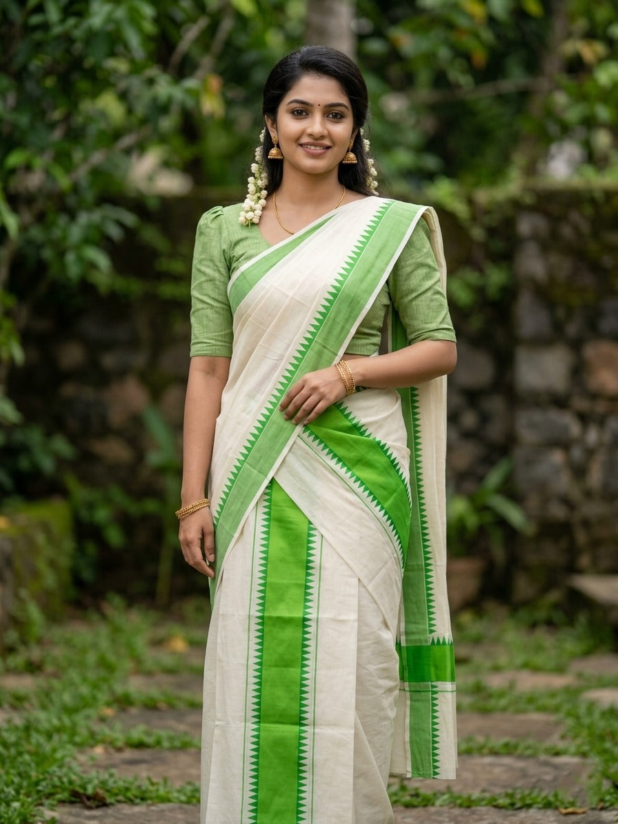 Kerala Pure Cotton Set Mundu Single (Mundum Neriyathum) with Bright Green Temple Border 2.80 Mtrs